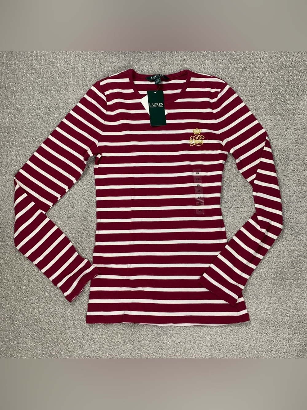 NWT Lauren Ralph Lauren Red White Stripe Long Sleeve Shirt XS Logo Emblem Preppy